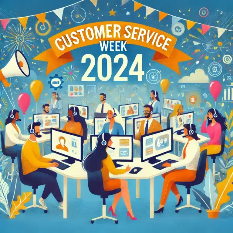 Illustration of a diverse PATLive team of remote customer service workers celebrating Customer Service Week 2024. The team is working from home, engaged in virtual meetings on computers, with festive elements like confetti, banners, and balloons in the background, symbolizing a positive and inclusive celebration.